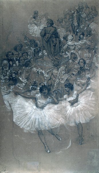 Balletdansers en Beethoven - Cartoon voor het Overbrengen van het Groot Gordijn van het Gemeentelijk Theater van Rio de Janeiro door Eliseu Visconti